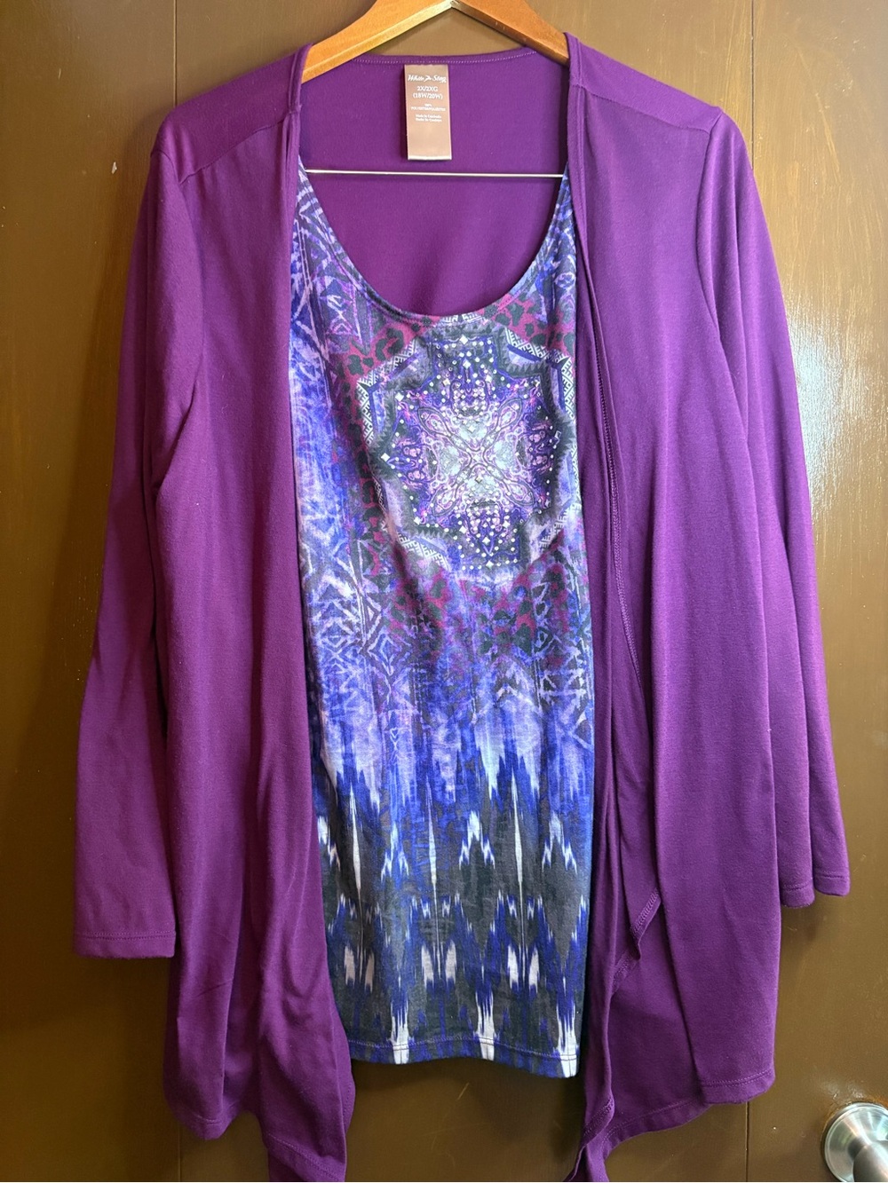 Purple Open-Front Cardigan with Printed Tank Top - Women's Sweater Set